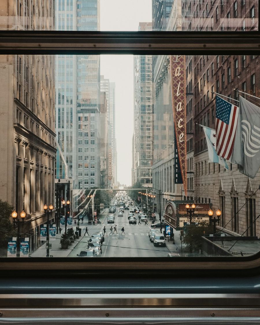 A Chicago street seen through the window of an arriving train